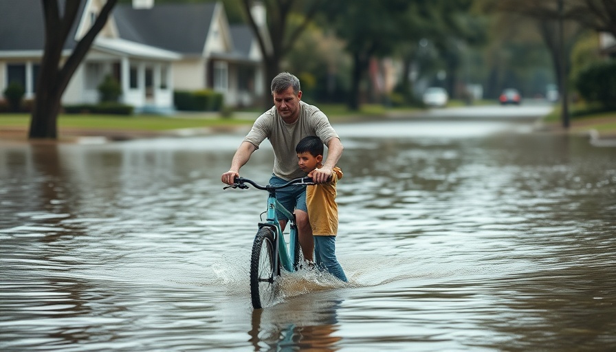 Father and child navigating flooded street, illustrating indirect disaster costs.