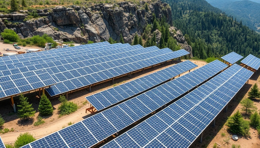 Solar panel farm in mountainous Africa, symbolizing clean energy revolution.
