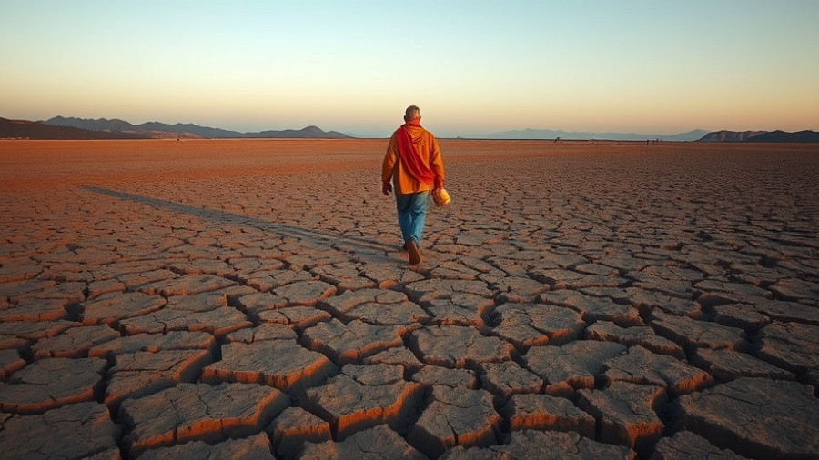 Figure on cracked earth, linking poverty and climate crisis.