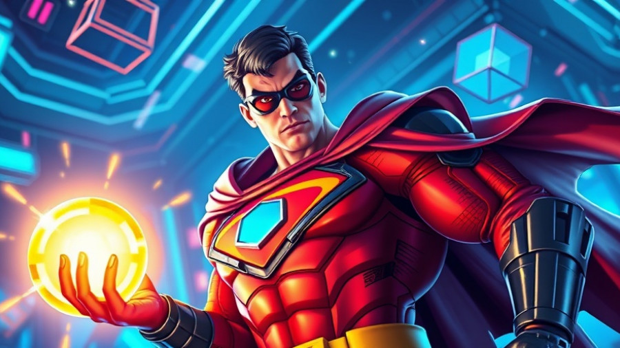 Superhero holding artifact in vibrant digital scene with geometric shapes.