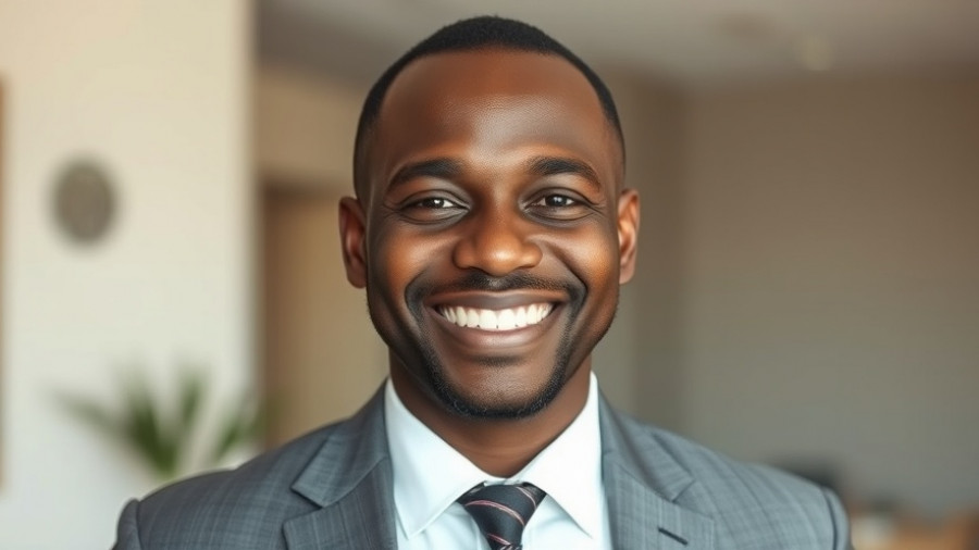 African man smiling warmly, indoors, related to U.S. Government's International Visitor Leadership Program.