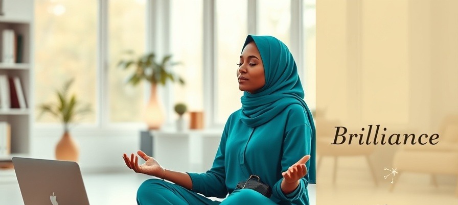 Serene Muslim woman meditating in stylish workspace, embracing 'Brilliance Journey' amidst vibrant teal and gold.