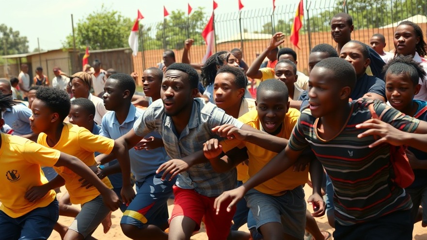 High school students in chaotic stampede reflecting Central African Republic tragedy.