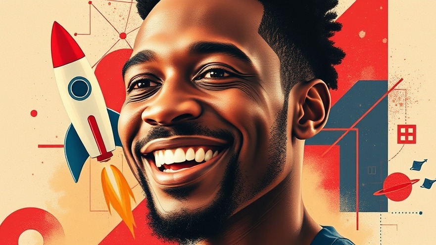 Smiling African man in a dynamic collage symbolizing fintech Africa and digital transformation.