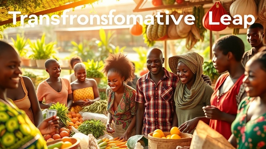 African farmers celebrating in a vibrant marketplace, highlighting trade opportunities in Africa.