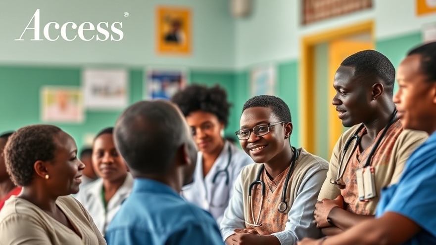 Empathetic Ugandan healthcare professionals interacting with patients in a vibrant clinic.
