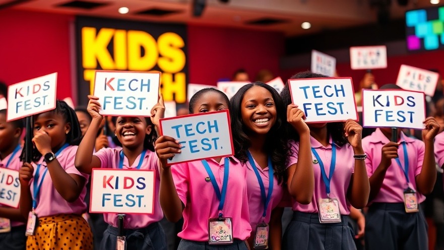 Excited African students at Kids Tech Fest promoting AI literacy for children.
