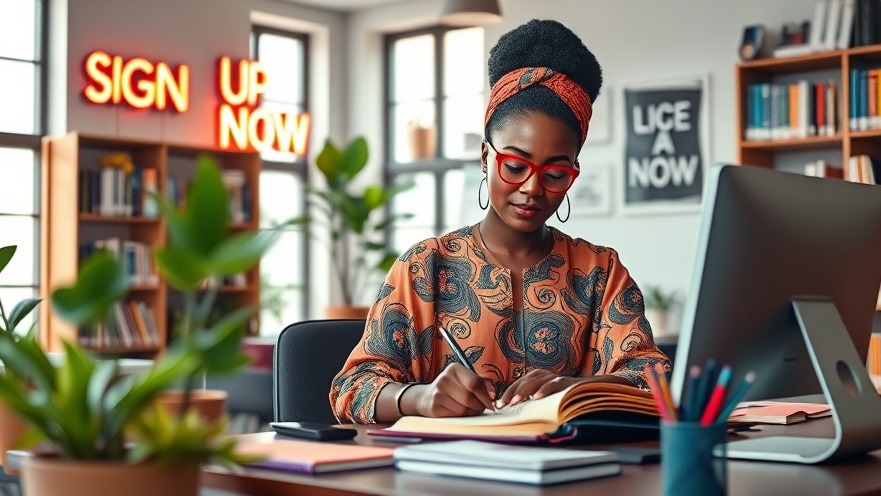 Classy African woman academic in traditional attire, engaged in research at a modern desk.