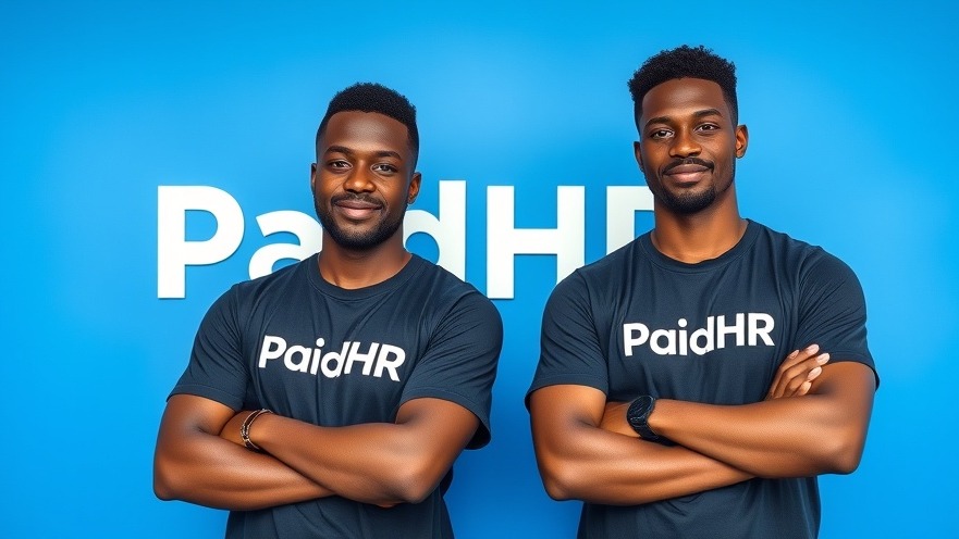 Confident African men in PaidHR t-shirts representing fintech Africa against a blue wall.