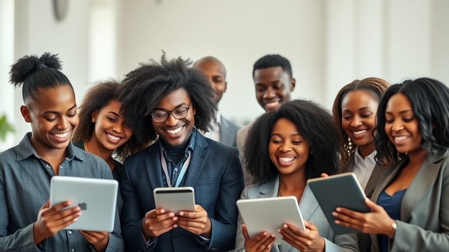 Diverse professionals discussing mobile marketing statistics in an office.