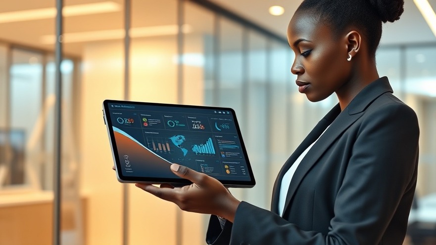 Professional woman using cybersecurity tools on a tablet in a modern office.