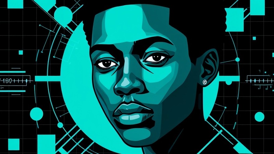 Stylized monochrome portrait representing AI in Africa amidst fintech elements.