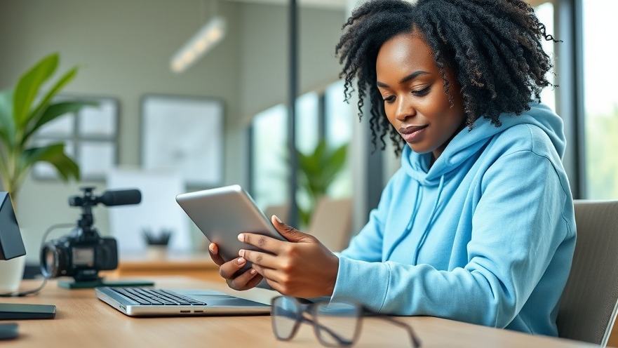 Teen entrepreneurship: young person using tablet with cameras on desk.