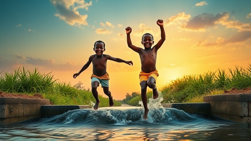 Joyful African children playing by a canal, capturing climate change effects in Asia.