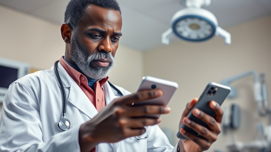 African doctor using smartphone in clinic, showcasing Telemedicine in Nigeria.