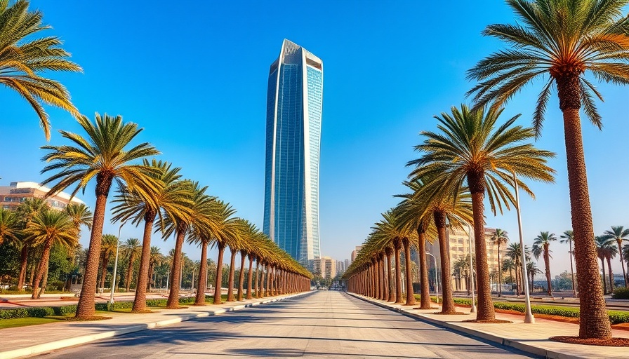 Modern skyscraper in Eko Atlantic City with palm trees lining the path.