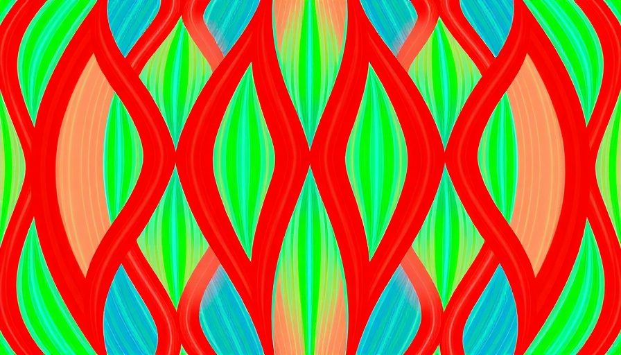 Abstract design of interwoven red, green, blue stripes.