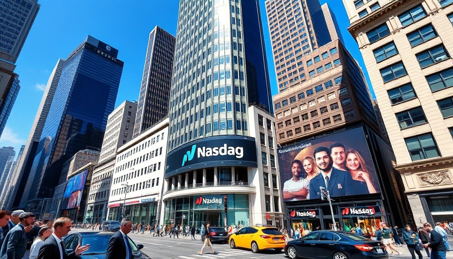 Pay4Me cross-border payments solution on Nasdaq screen in cityscape.