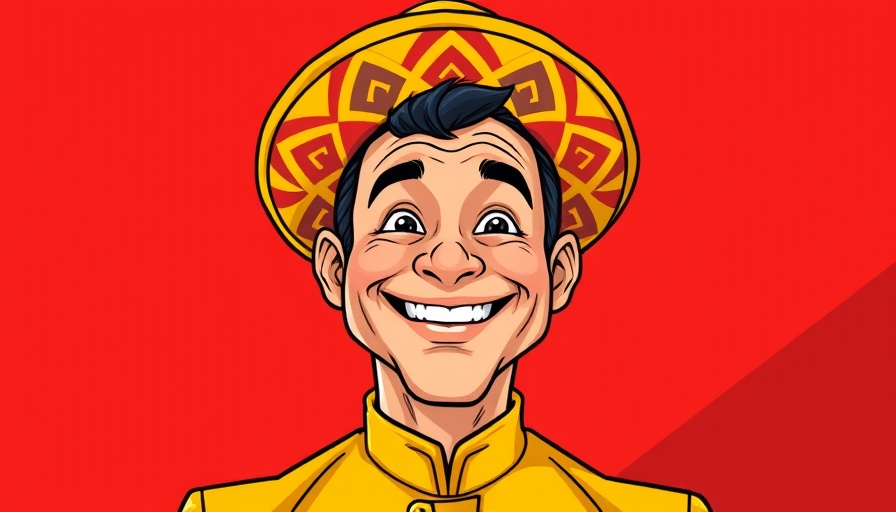 Vivid cartoon of smiling man in colorful hat, red background