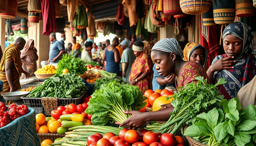 Nigeria market scene illustrating declining inflation with vibrant colors.