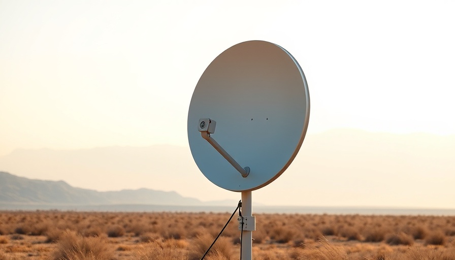 Sleek satellite dish mounted on pole in open landscape.