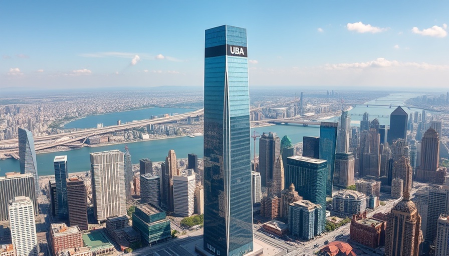 Tall UBA skyscraper in busy urban Nigeria skyline, UBA fraud loss Nigeria 2024.