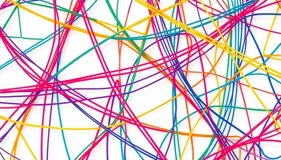 Abstract woven pattern with multicolored lines on a white background.