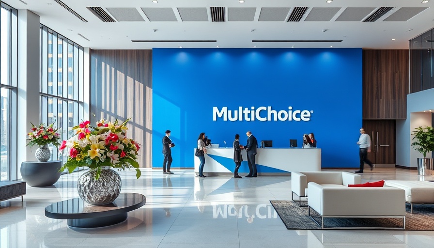 Corporate reception area at MultiChoice showcasing logo and modern design.