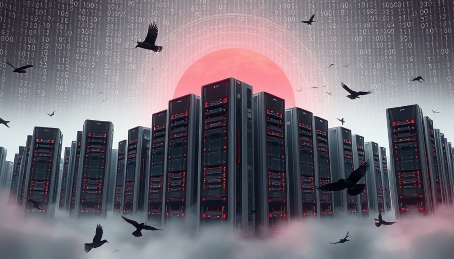 Futuristic server farm with red sun and binary code background