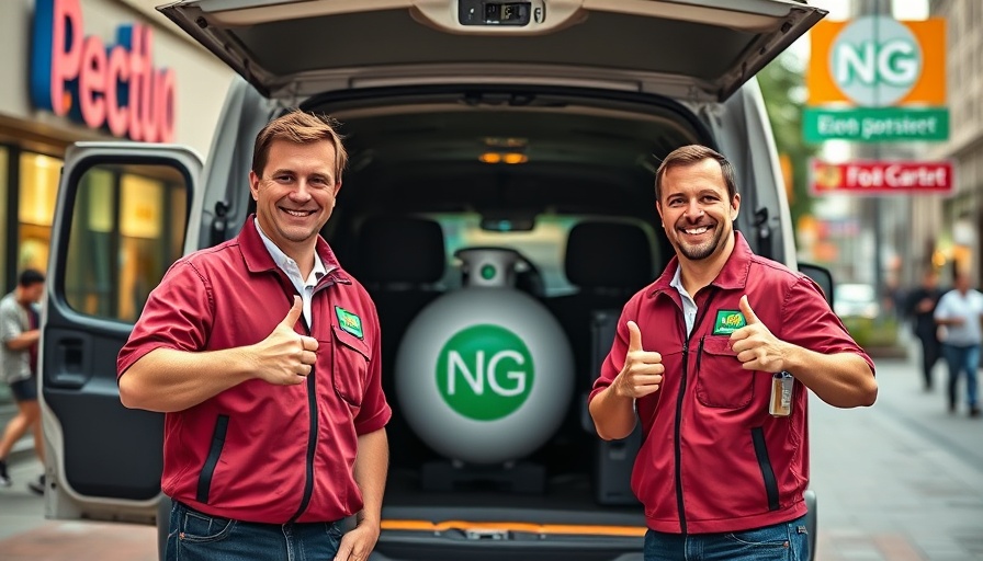 Shuttlers CNG fleet impact shown with smiling men and vehicle.