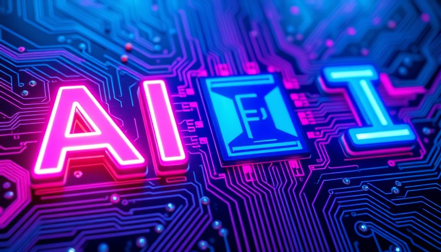 Futuristic AI lettering on neon circuit board, digital patterns.
