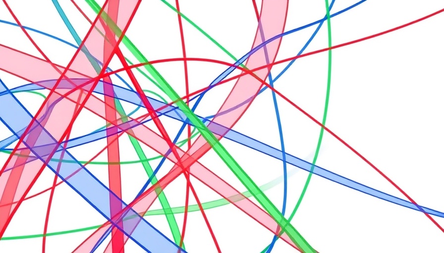 Abstract interwoven lines in red, blue, green on white background.
