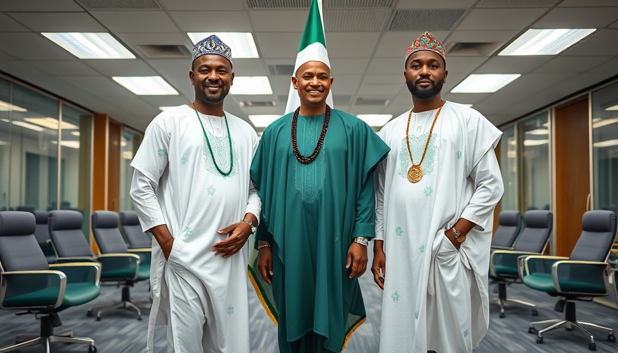 Three men in Nigerian attire, symbolizing Nigeria Broadband Expansion in an office setting.
