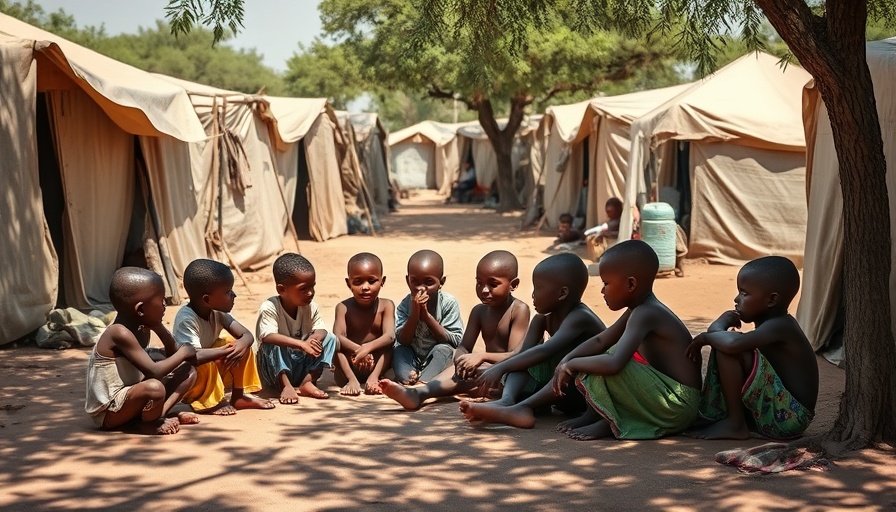 Children sitting in a refugee camp in North Darfur, highlighting humanitarian crisis.