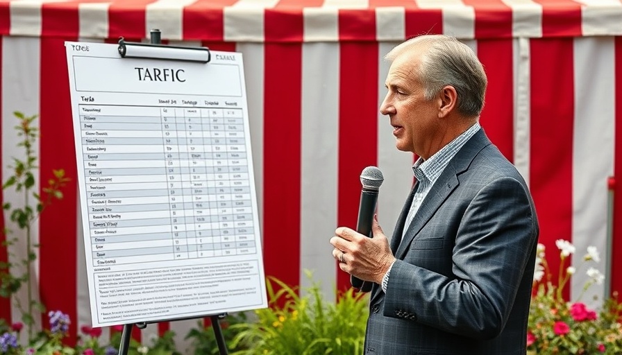 Speaker presenting export tariffs chart outdoors in front of stripes.