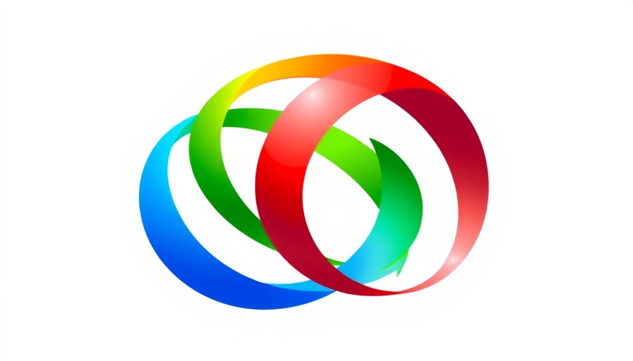 Colorful abstract logo with intertwined arcs in red, green, and blue on white background.