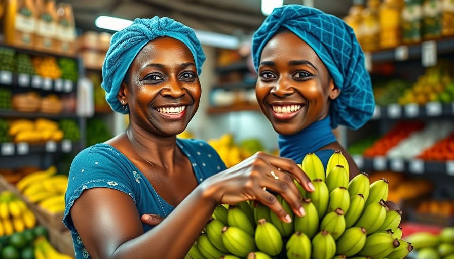 AI in Africa concept with joyful woman stacking produce in market.