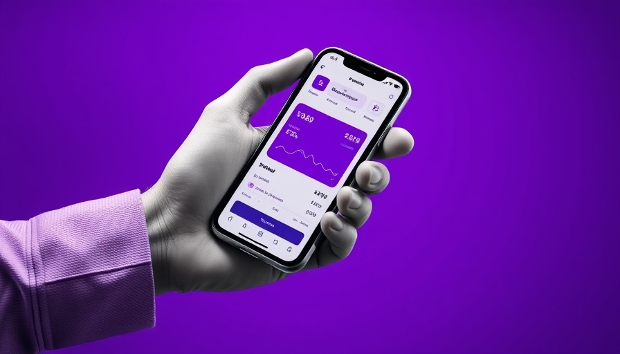 Monochrome hand holding phone with fintech app, purple background