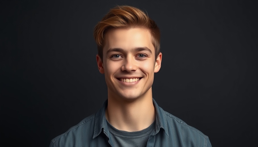 Smiling young man in casual jacket on dark gray background.