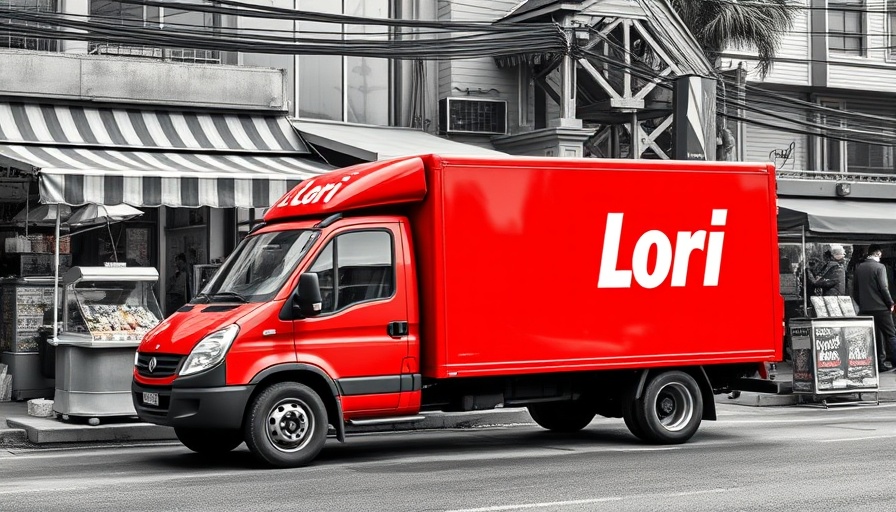 Lori Systems valuation dip, red Lori truck in market scene.