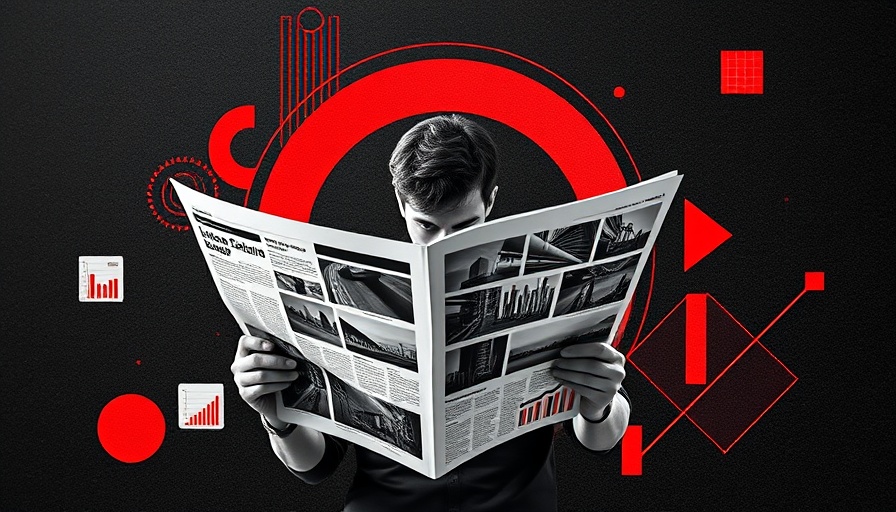 Stylish graphic of a person reading a newspaper with digital design in black and red