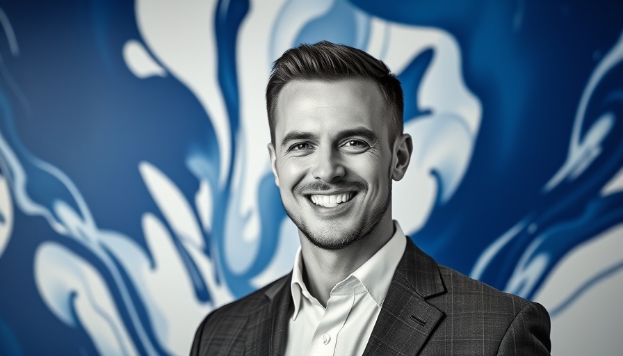 Confident man in suit with abstract blue background representing African startups.