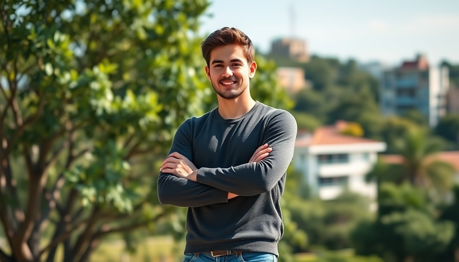 Confident young man standing outside with arms crossed, Asta Marketplace.