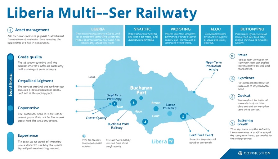 Liberia Multi-User Railway Initiative infographic with map and key features.