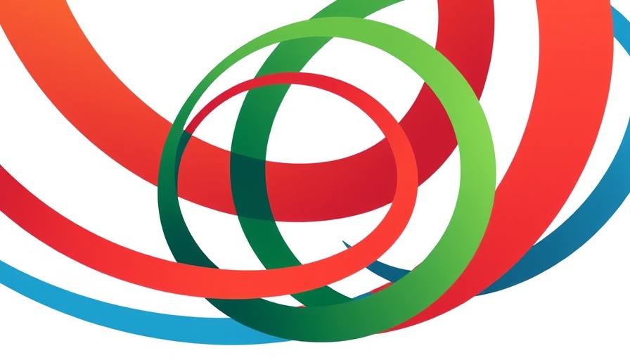 Abstract logo design with interwoven arcs in green, red, and blue.