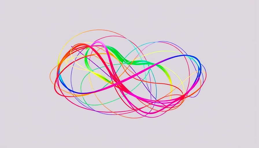 Abstract logo with colorful, interwoven lines.