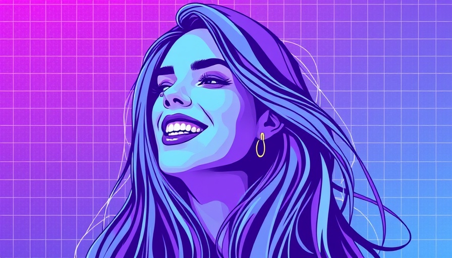 Abstract graphic of a woman smiling in purple and blue tones.