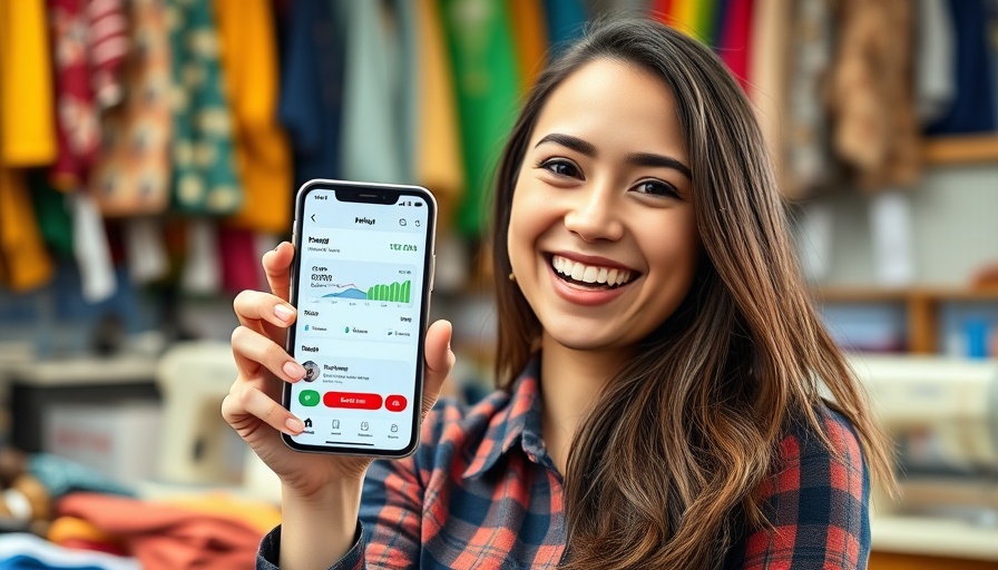 Happy woman showing smartphone app for financial inclusion impact.