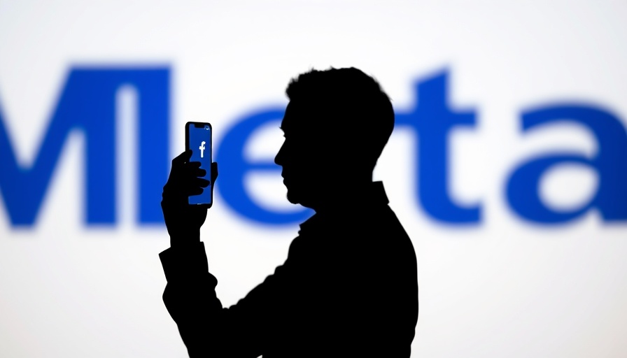 Smartphone with Facebook logo silhouetted against Meta logo.
