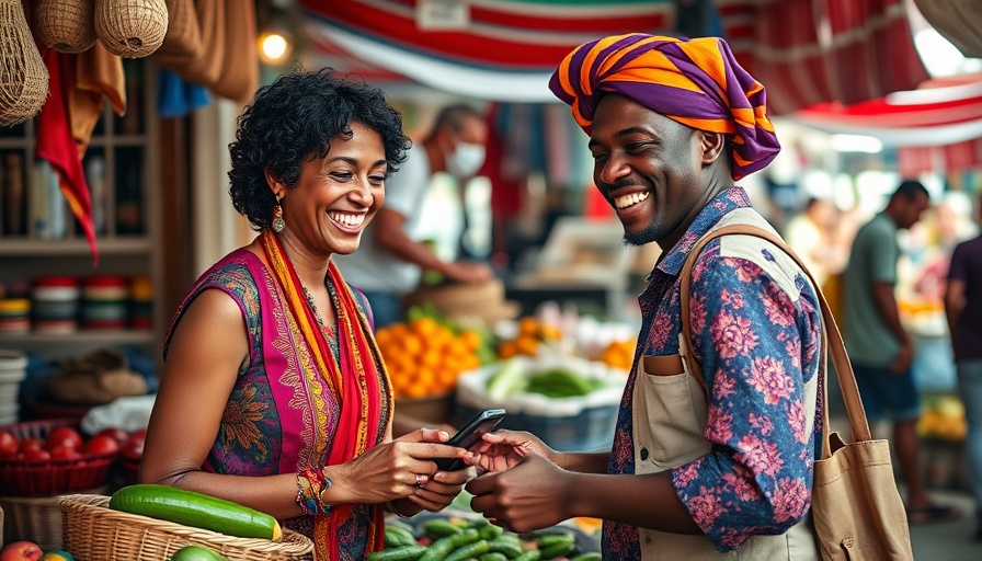 Smiling vendor using mobile payment in a busy market, digital payments revolution.